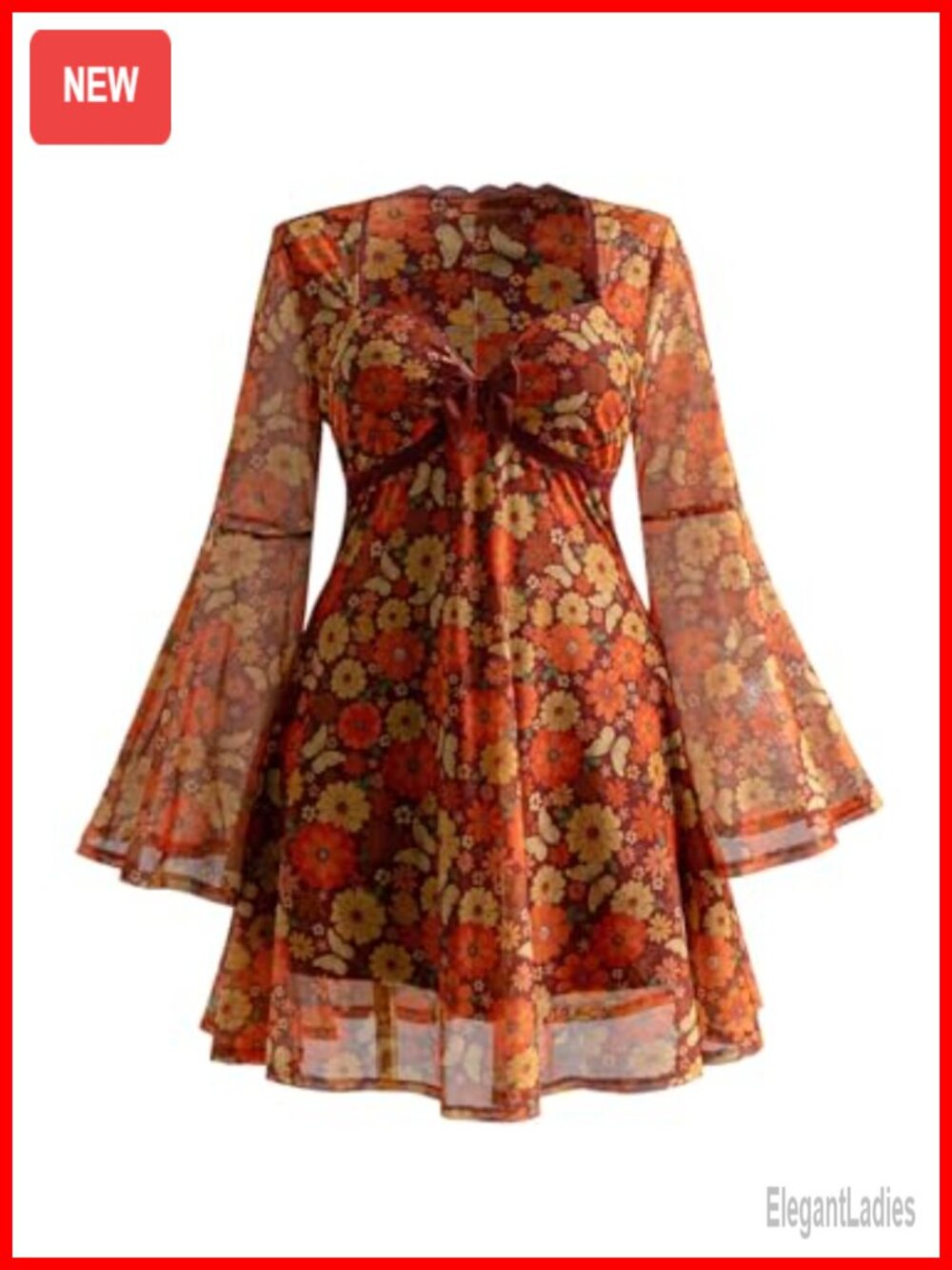Women's Boho Lace Mini Dress Long Sleeve Sweetheart Neckline